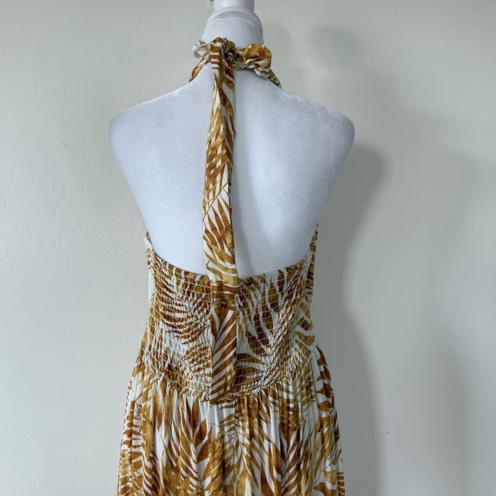 Lush Golden Yellow Palm Leaf Plant V Neck Halter Lightweight Maxi Dress Large - Picture 5 of 9